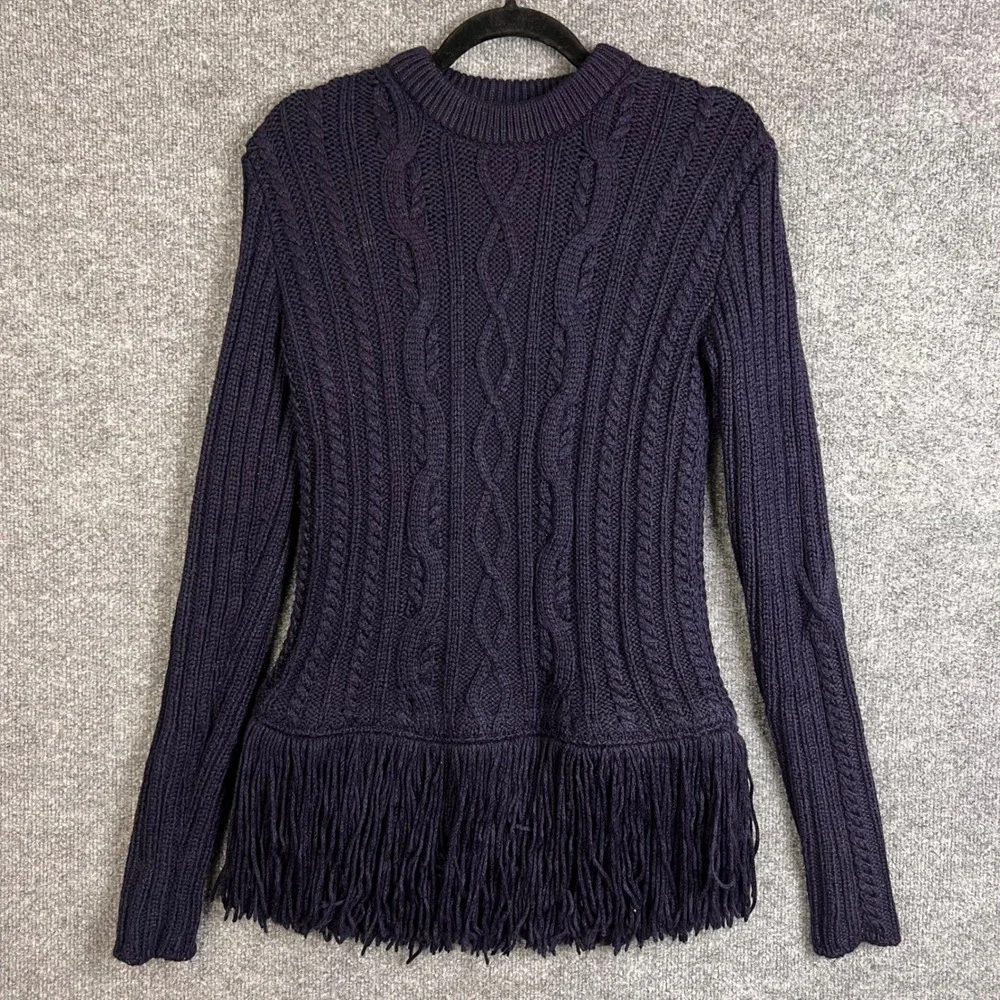 Tory Burch $425 Cable Knit WOOL Fringe Sweater S Blue Excellent Trim Crewneck